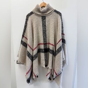 Plaid Turtleneck Poncho Sweater - Beige and Black